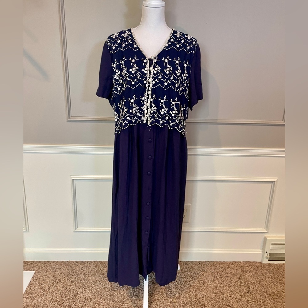 Vintage 90s S.L. Fashions 18 navy dress with faux vest floral embroidered long